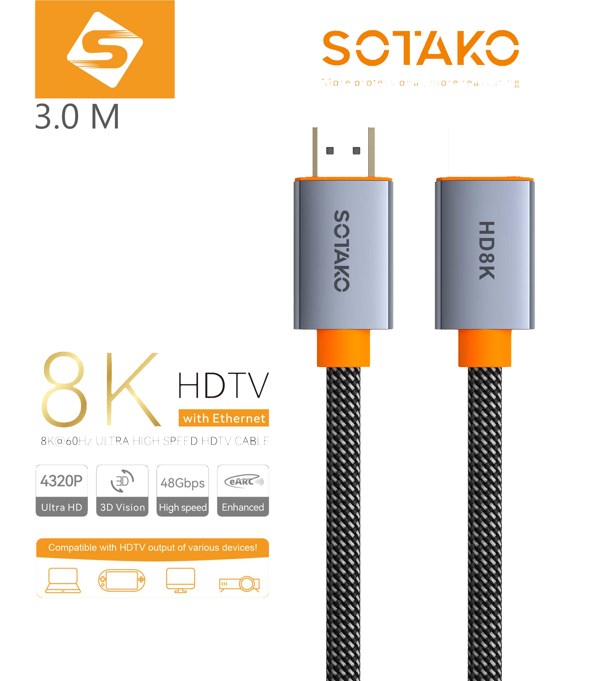کابل HDMI SOTAKO 2.1 مخصوص 8K و 4K و گیمینگ – طول کابل 3.0 متر